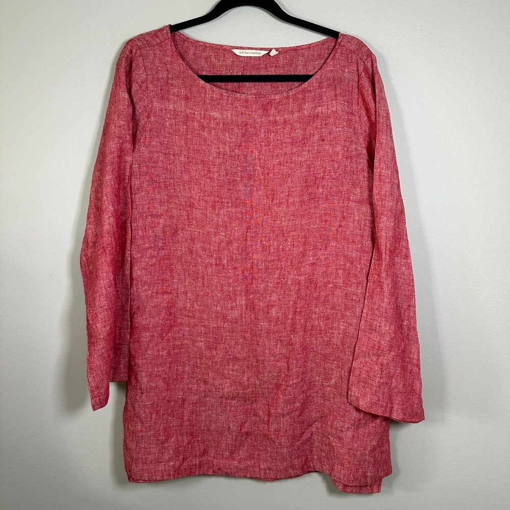 Soft Surroundings Medium Tunic Red Long Sleeve 100% Linen Boat Neck Side Slit